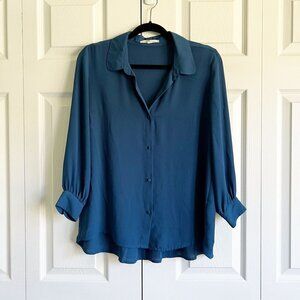 Paper Crown Blue Crepe High Low Button Down Shirt Women's Size Small S
